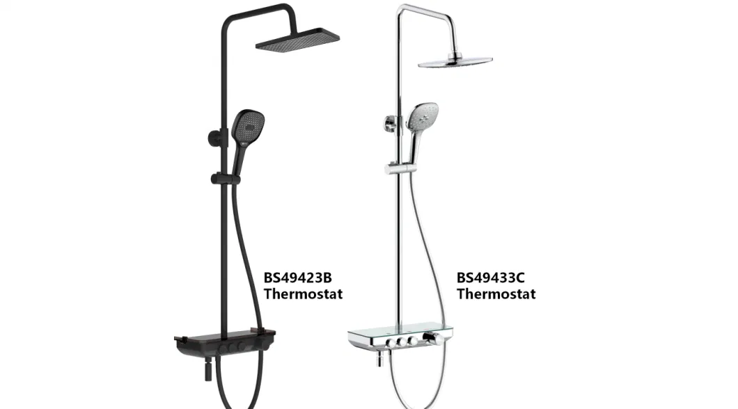 3 Way Exposed Brass Bathroom Bath Rain Shower System Faucet Mixer Shower Column Thermostatic Shower Set with Thermostat, Rainshower, Handshower, Spout, Shelf